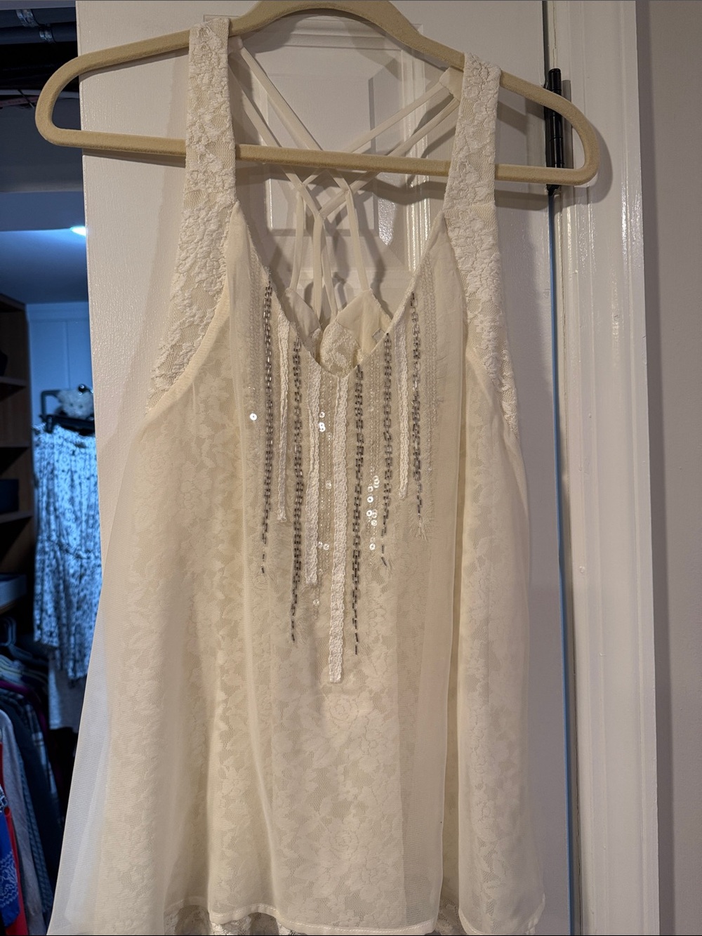Miss Me Cream Lace Strapless Tank Dress with Sequin Fringe